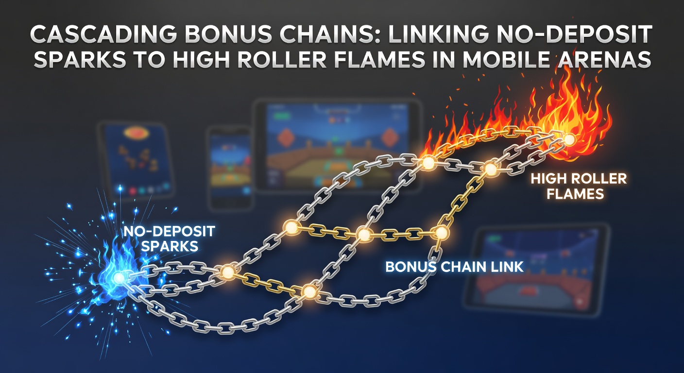 Dynamic graphic showing a chain reaction of bonuses starting from a small spark in a mobile casino interface, escalating to fiery high-roller rewards