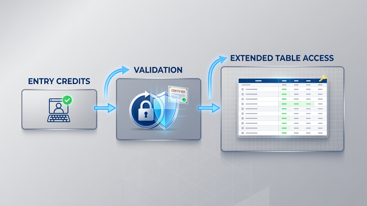 Flowchart of credential validation bridging entry credits to extended table access