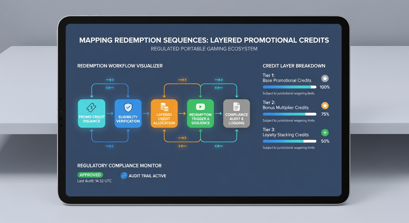 Flowchart showing redemption sequence steps for promotional credits in regulated mobile gaming platforms