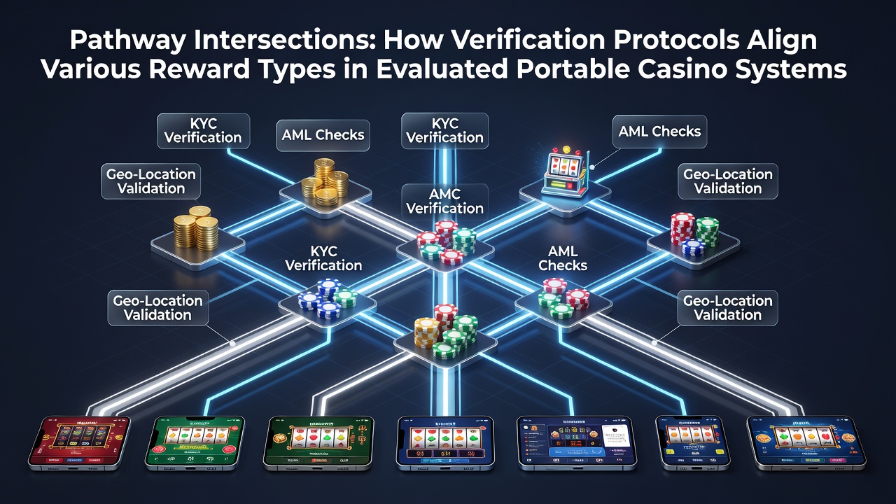 Diagram showing verification protocol flows connecting different reward types across mobile casino platforms