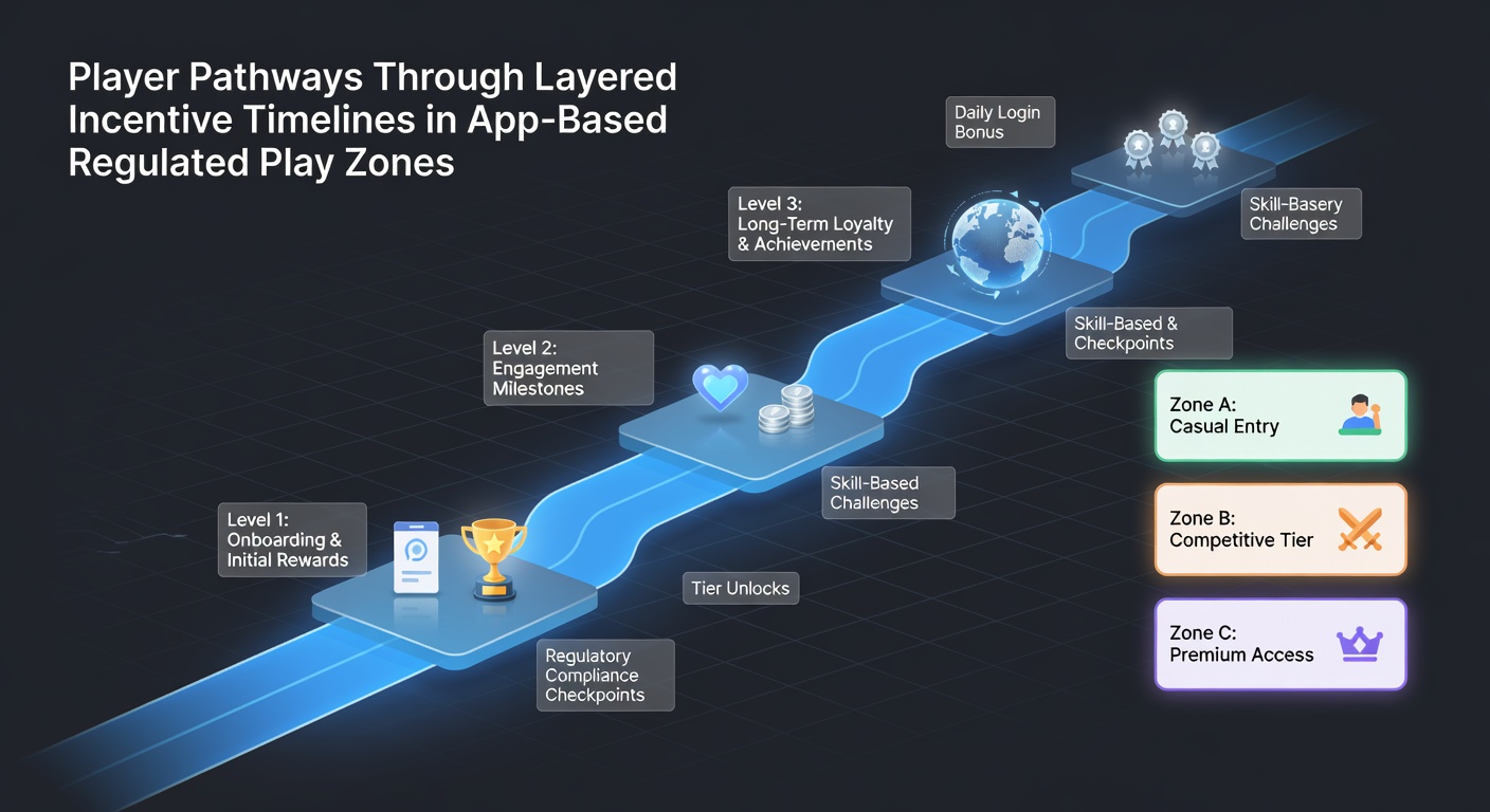 Mobile app interface showing layered incentive timelines and player progression paths in regulated play zones