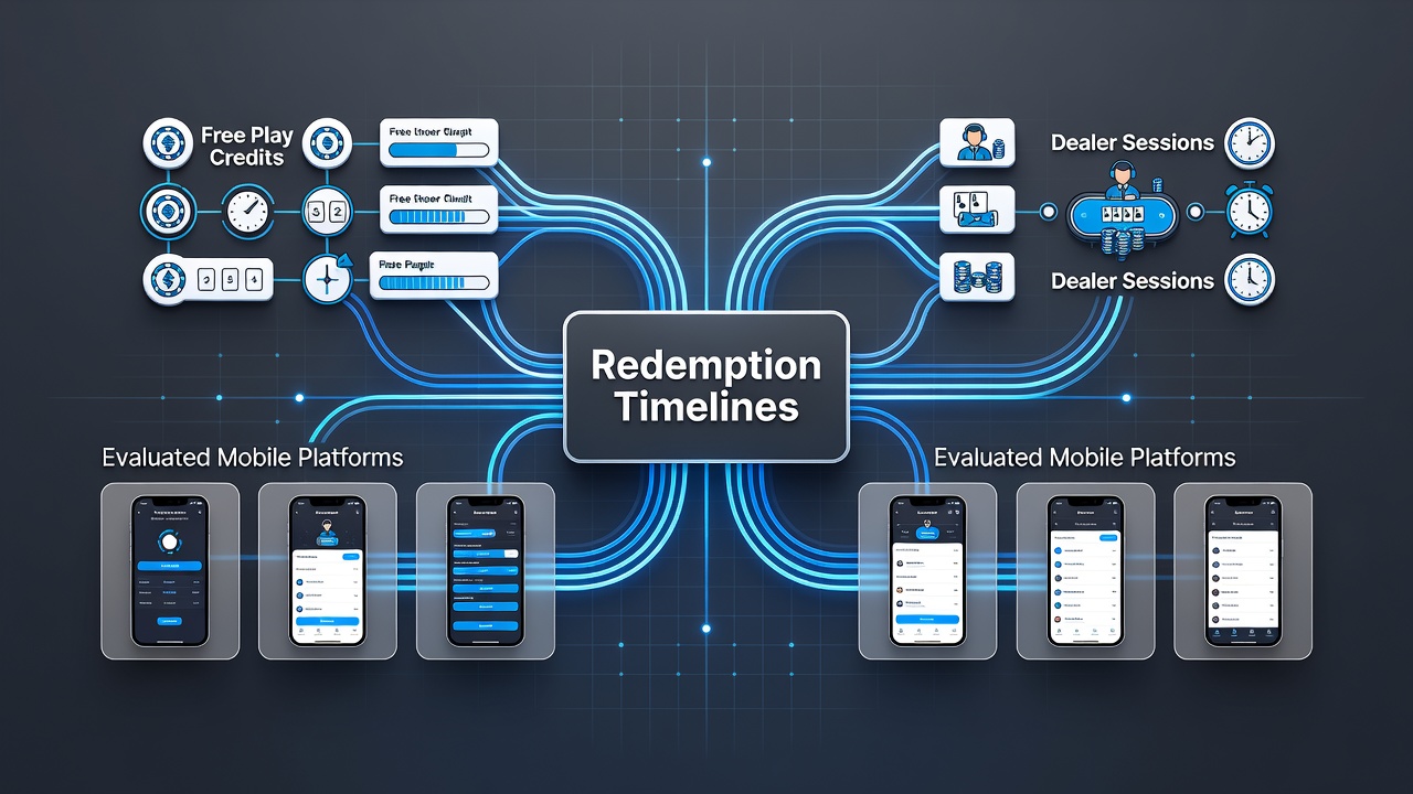 Timeline graphic illustrating credit redemption steps leading to live dealer sessions on mobile devices