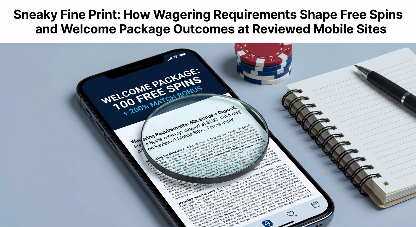 Close-up illustration of magnified fine print text under a casino bonus offer, highlighting wagering requirement clauses buried in terms and conditions