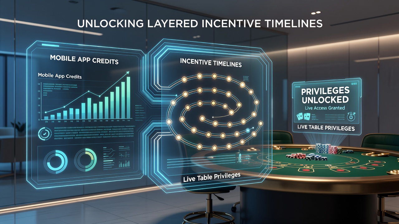 Diagram illustrating credit progression timelines from mobile apps to live dealer table access in portable regulated systems